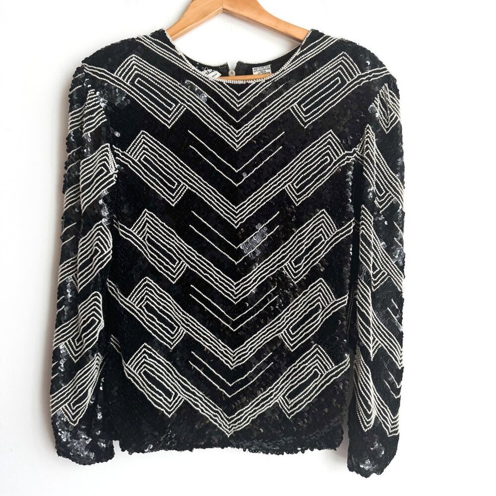 Vintage Crystal Silk Sequin Black White Sparkly Holiday Top M